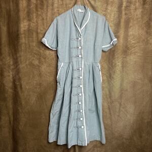 Vintage 60s Toni Todd Blue Shirt Waist Dress Blue Short Sleeve Midi Rhinestone